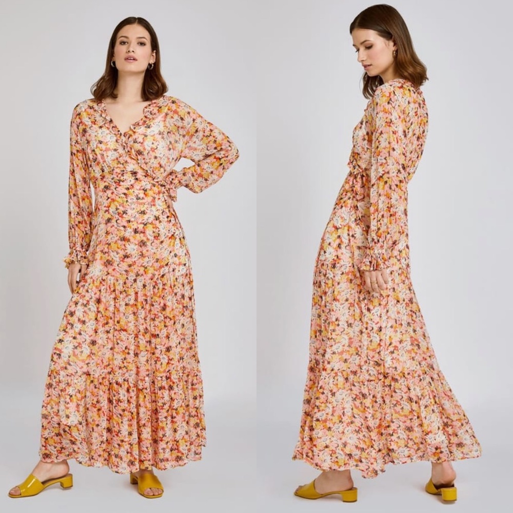 Ghost London jasmine georgette floral wrap maxi dress pink red yellow M medium
